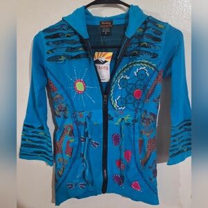 Rising International Girls Blue Boho Full Zip 3/4 Sleeve Sweatshirt Size 8 NWT